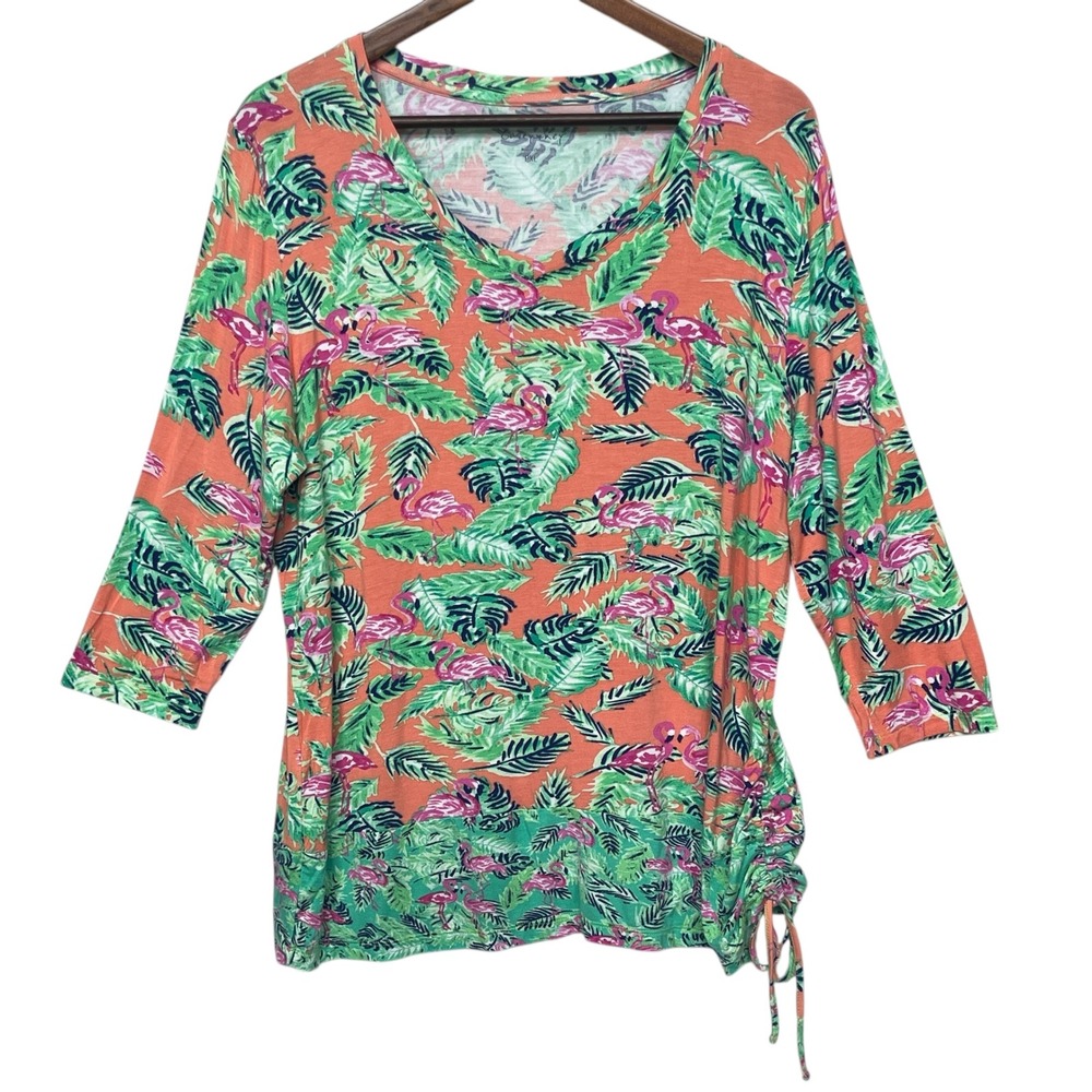 Casey‎ & Key Flamingo Print 3/4 Sleeve V-Neck Tunic Top with Drawstring PXL